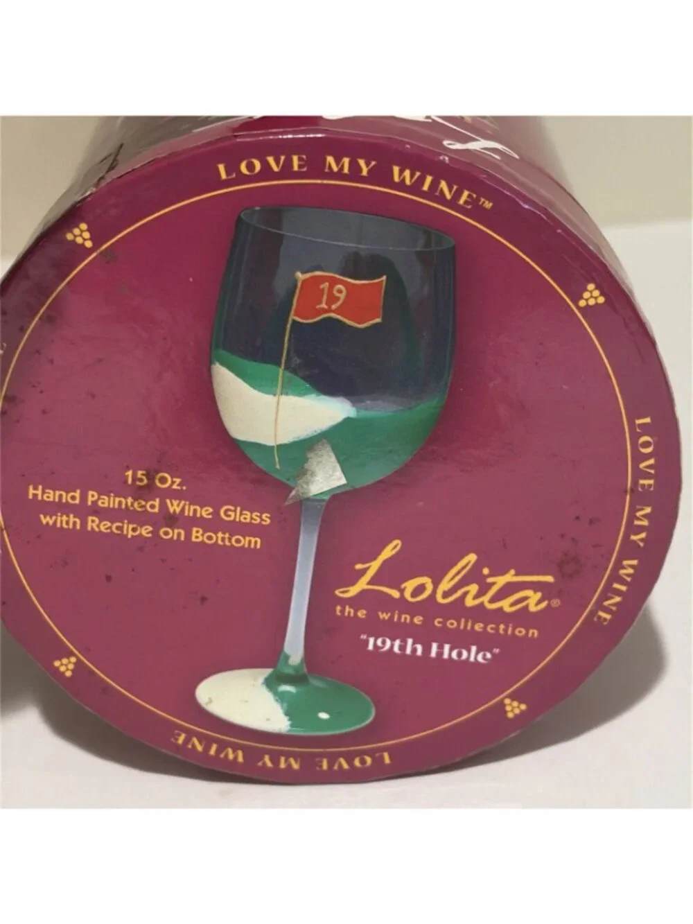 Lolita Love My Wine 19th Hole Wine Glass Golf Course Handpainted 15 oz NEW